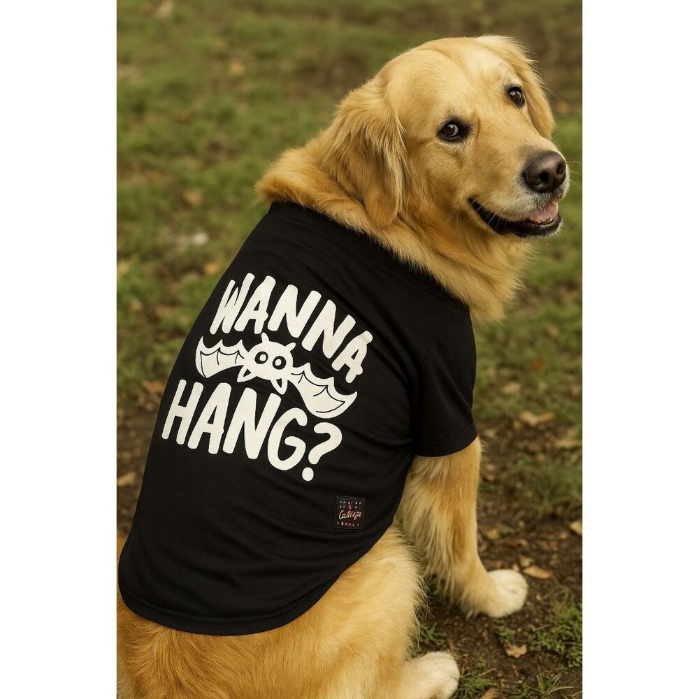 Wanna Hang Dog Shirt Halloween Pet Tee Size XL Black Bat Design Buttons and Bone